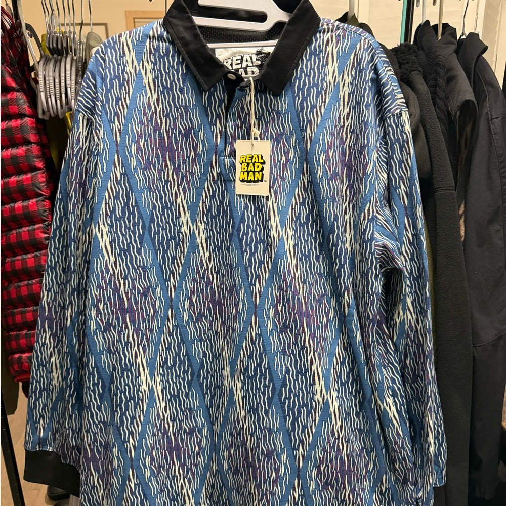 Real Bad Man - Abstract Blue Patterned Quarter button up longsleeve- Sz Large